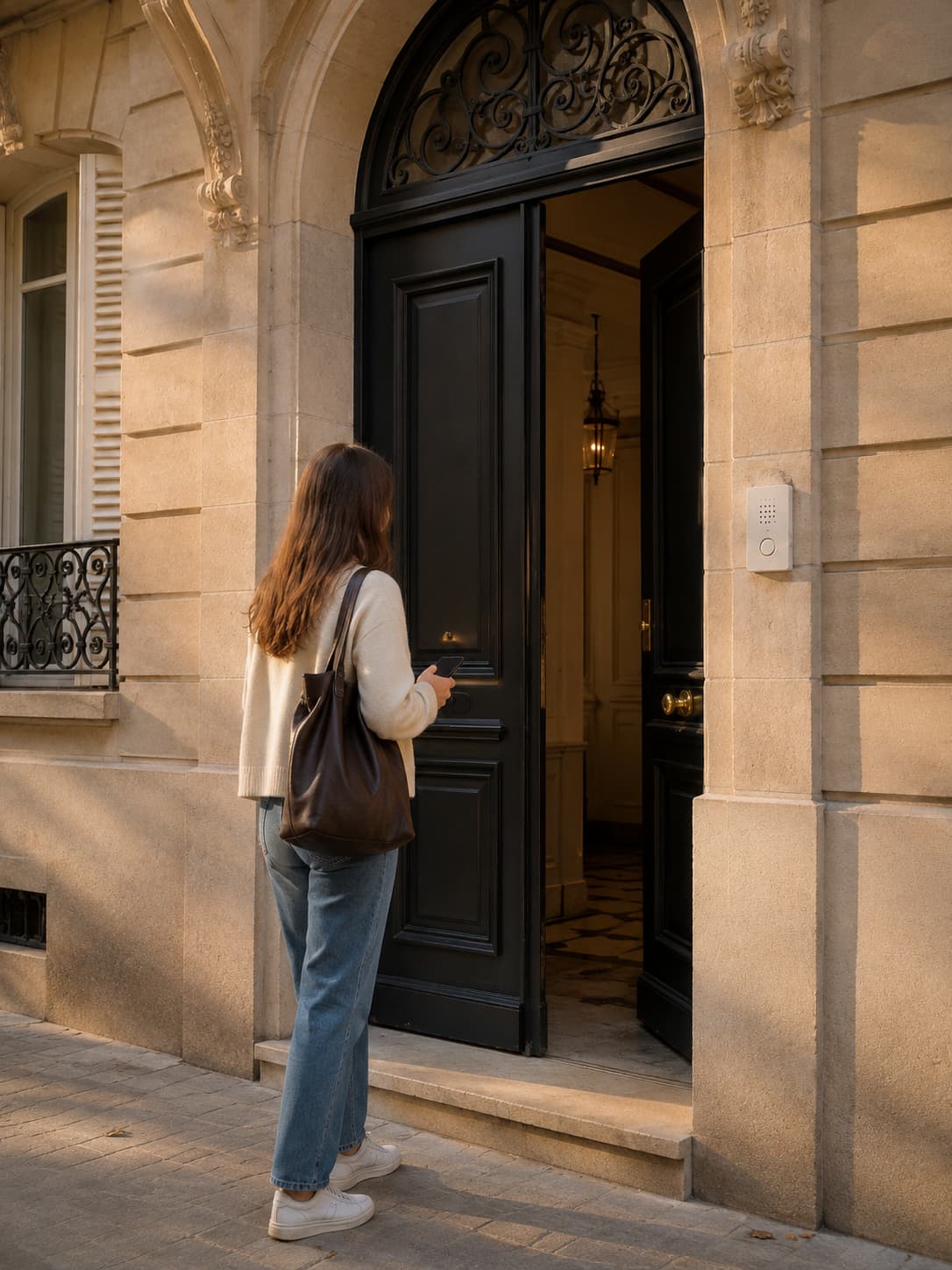 Guest arriving at a Parisian apartment building entrance at golden hour